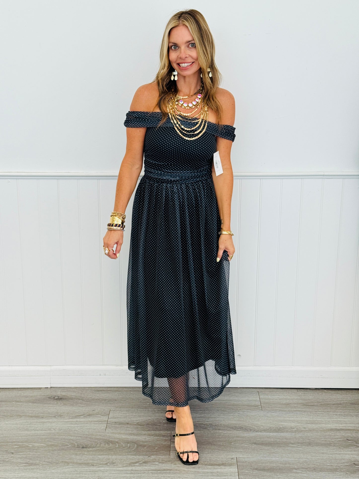 Black/Ivory Polka Dot Strapless Maxi Dress (Reg & Plus)