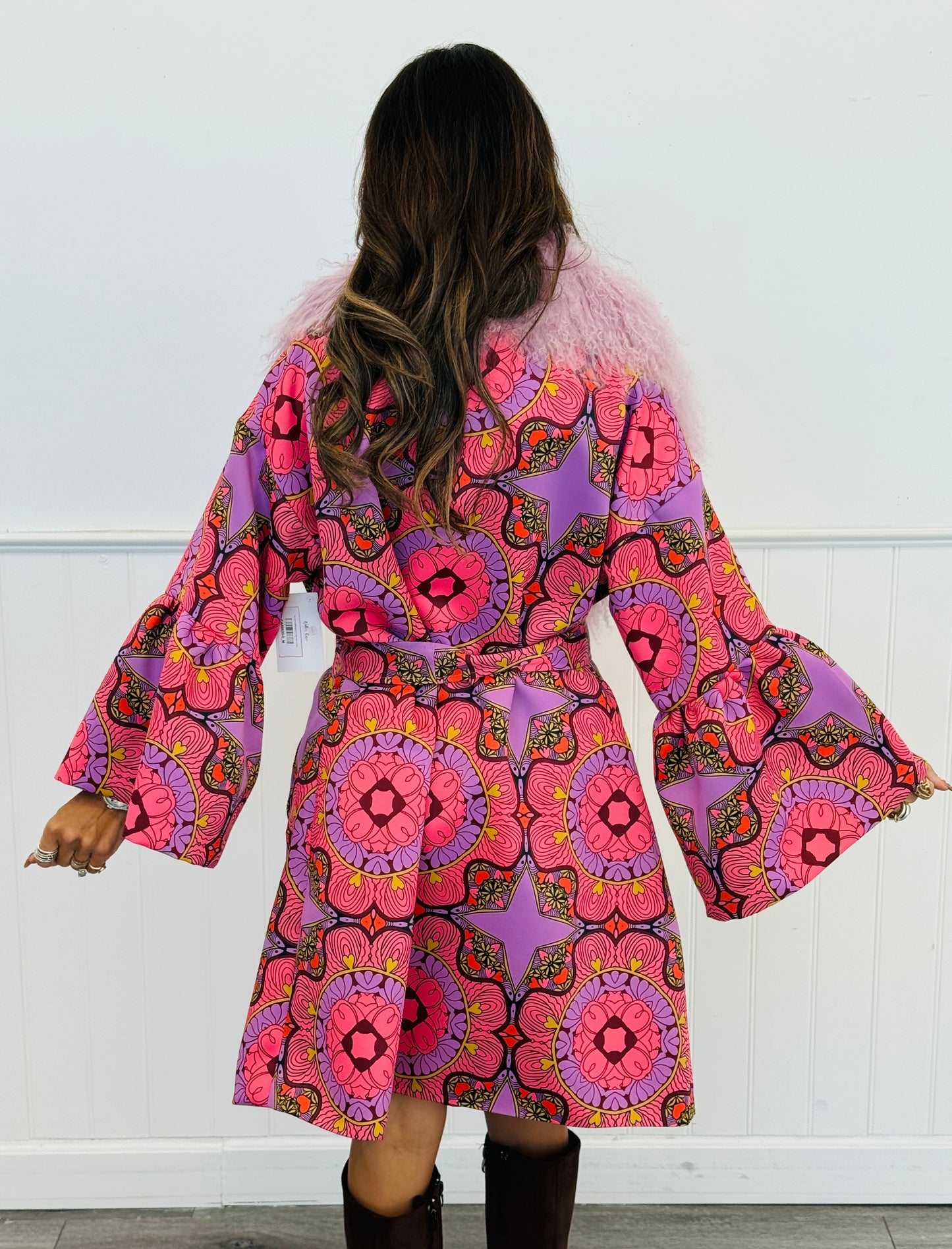 Pink Wool Coat Mongolian Fur Collar (Reg. and Plus)