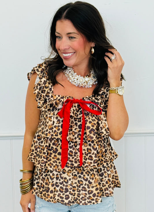 Leopard Bow Tie Ruffle Square Neck Top (Reg.)