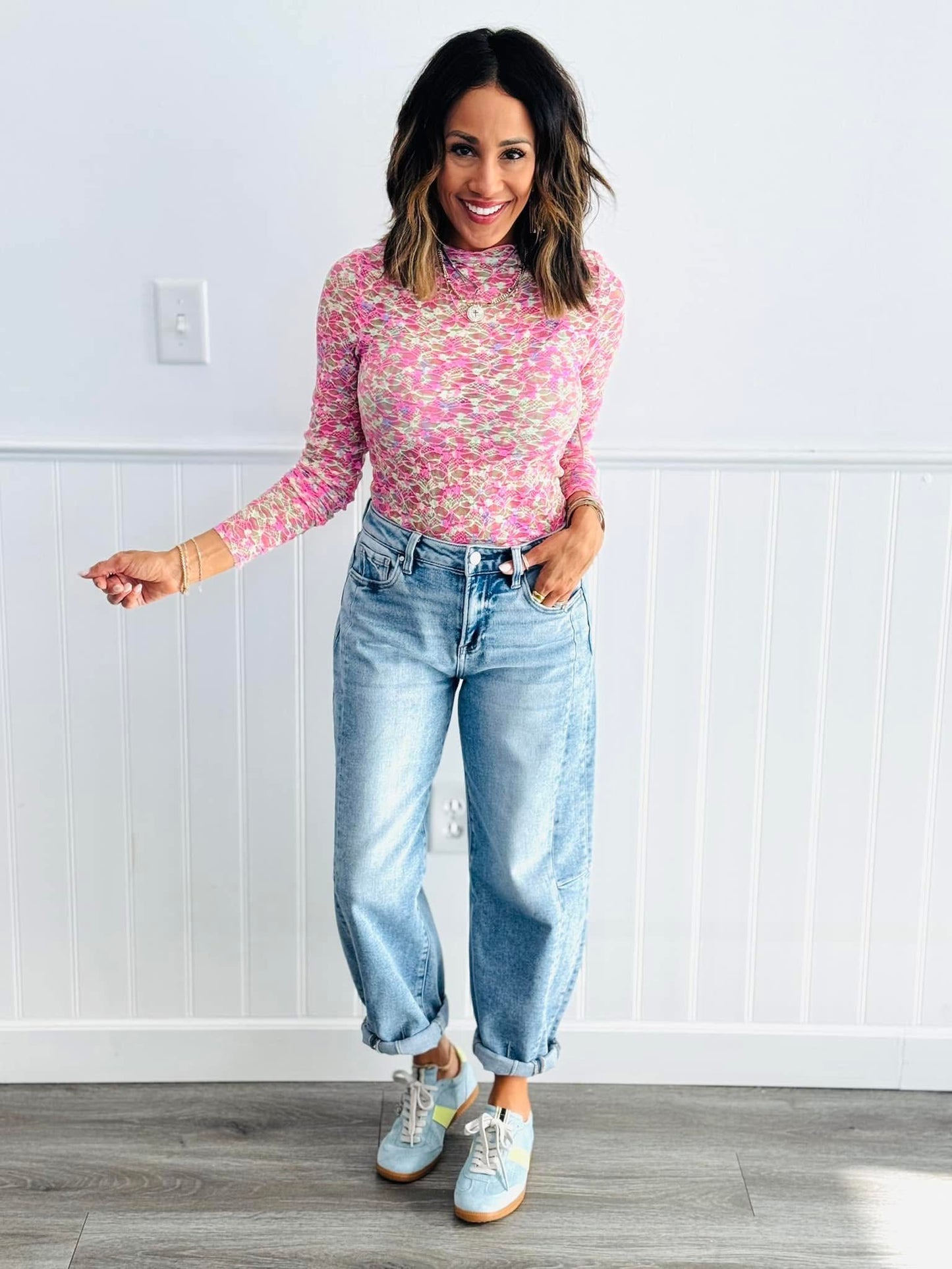 Pink Multi Printed Lace Mesh Top (Reg. and Plus)
