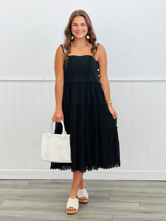 Black Embroidered Lace Pinafore Midi Dress (Reg & Plus)