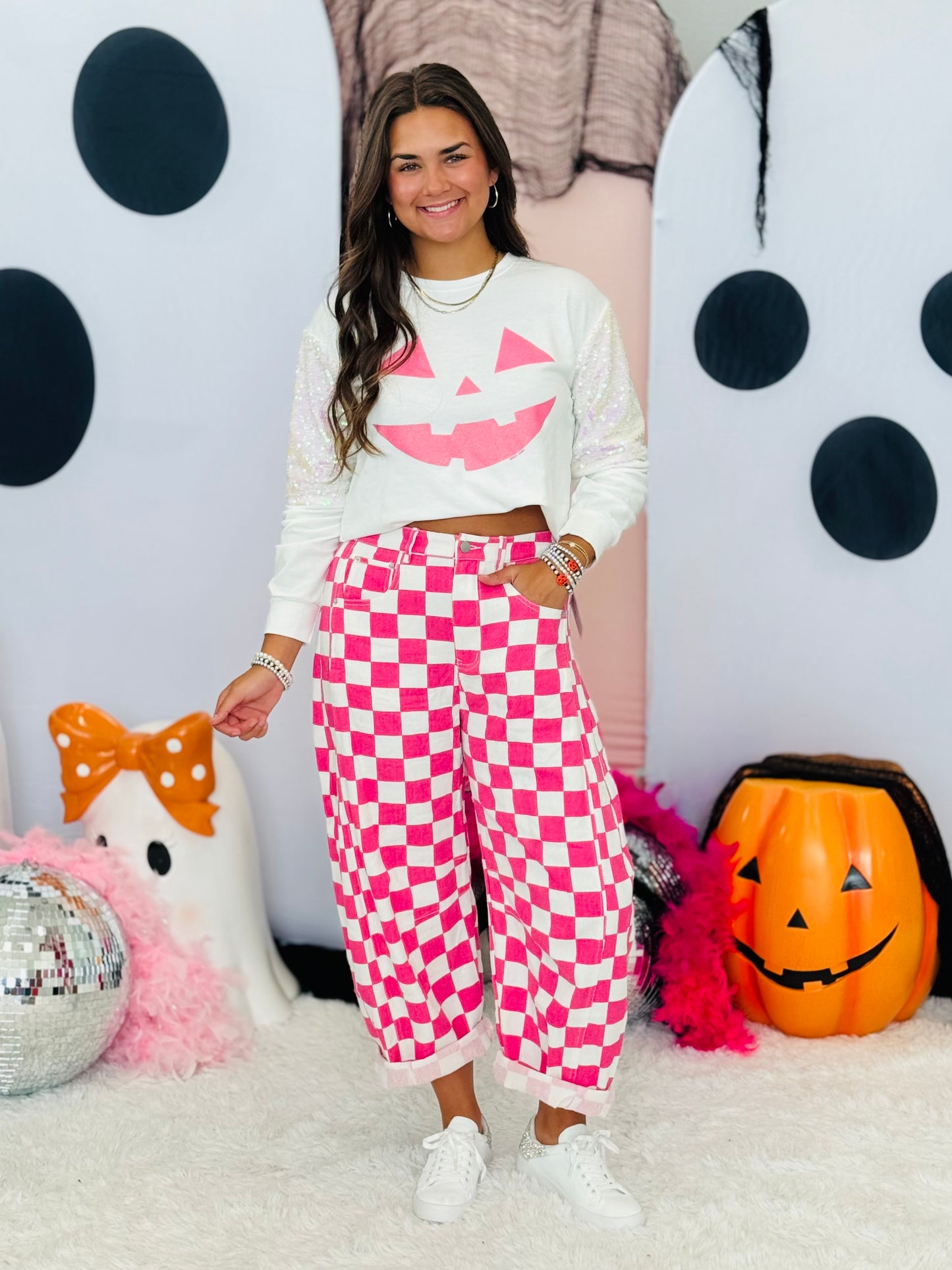 White Jack-O-Lantern Sequin Sleeves Sweatshirt (Reg. and Plus)