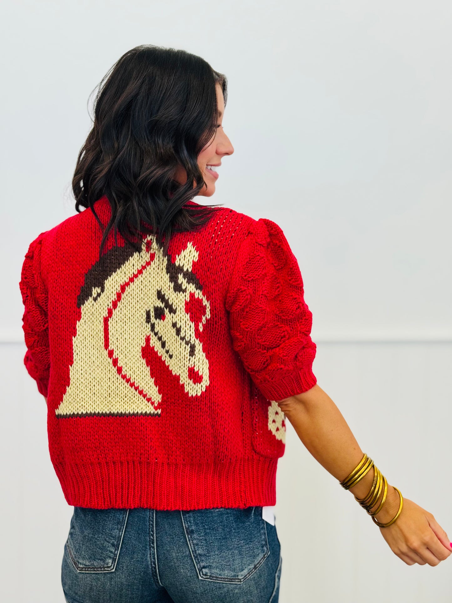 Red Horse Graphic Puff Sleeve Knit Cardigan (Reg.)