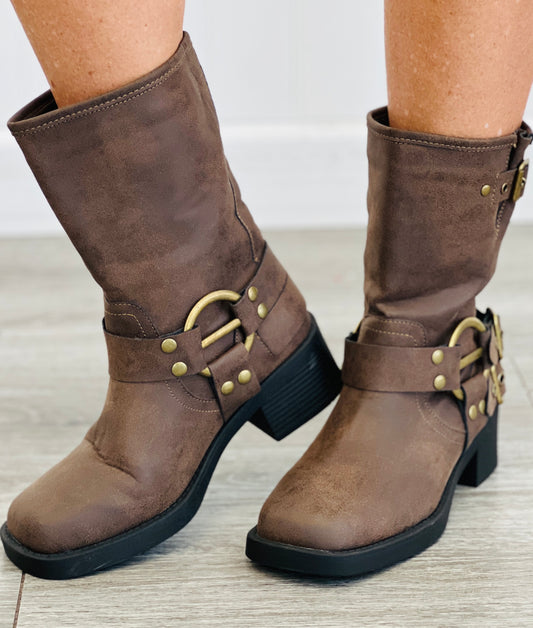 Distressed Brown Buckle Babe Boots