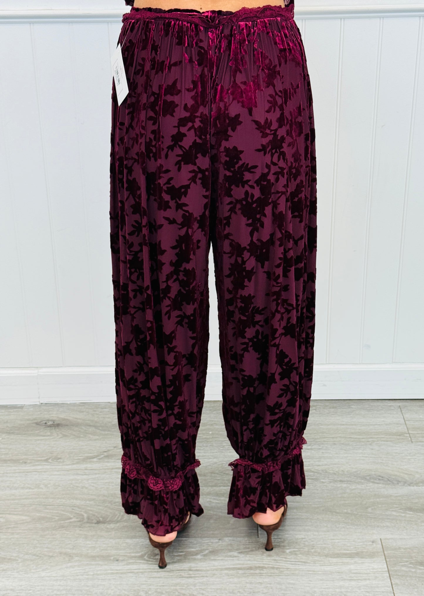 Burgundy Velvet Lace Trim Drawstring Pants (Reg.)