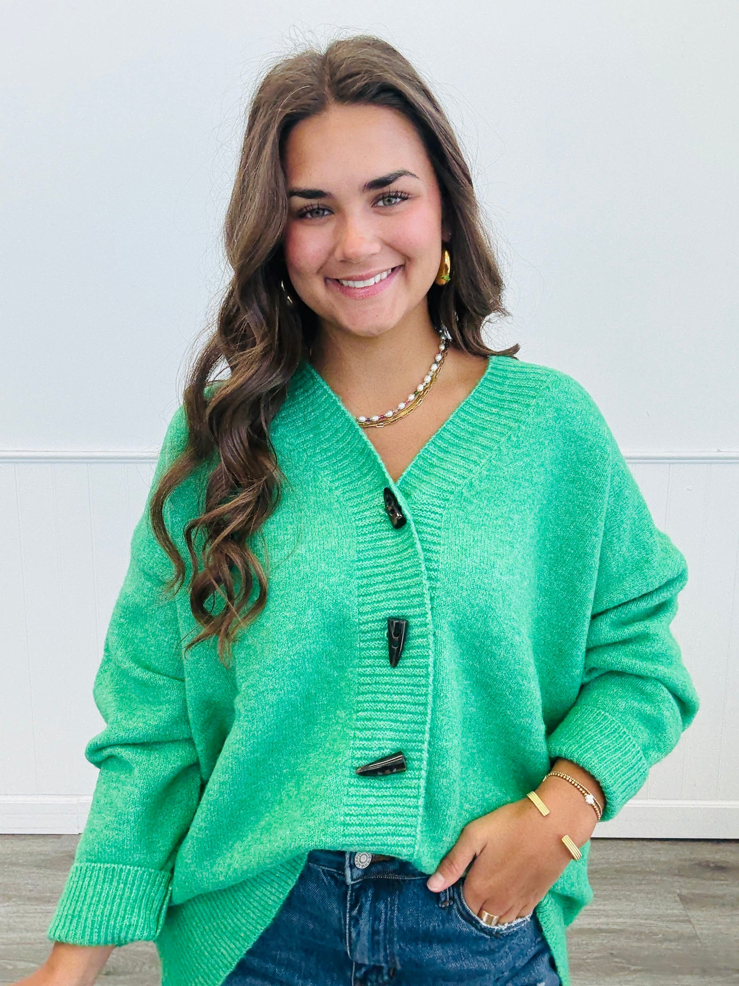 Green Toggle Button Sweater Cardigan (Reg.)