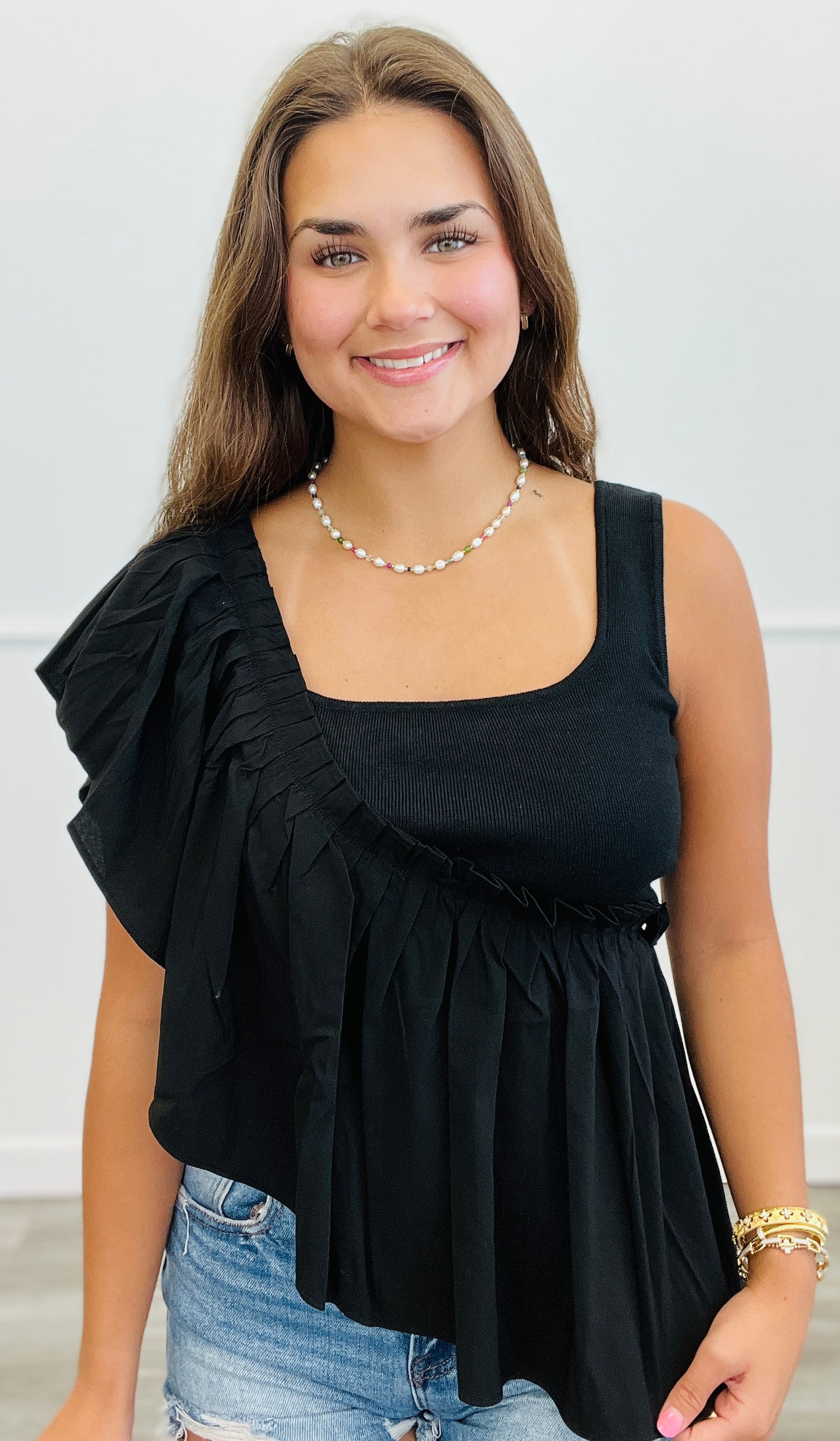 Black Asymmetric Ruffle Top (Reg.)