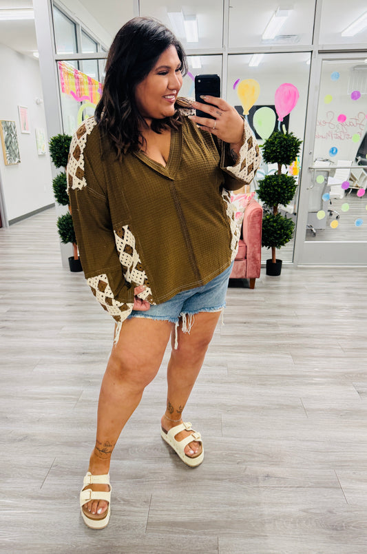 Brown Patchwork Crochet Sleeve Blouse (Reg & Plus)
