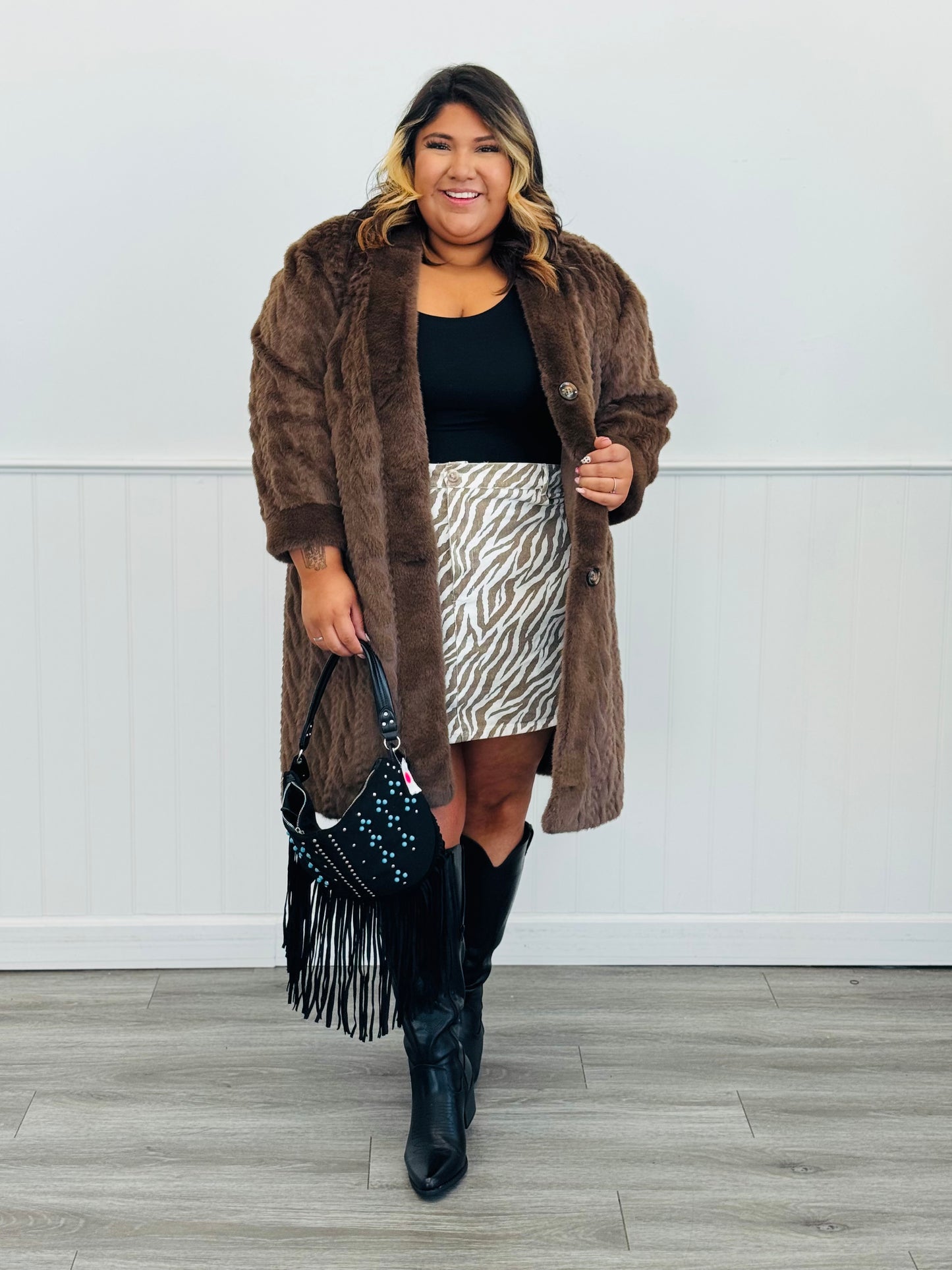 White/Tan Zebra Print Mini Skirt (Reg & Plus)