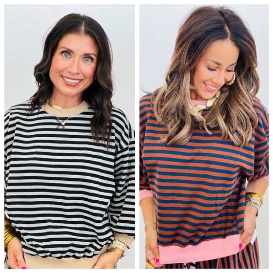 Striped 3/4 Sleeve Sweatshirt (Reg.)- 2 Colors