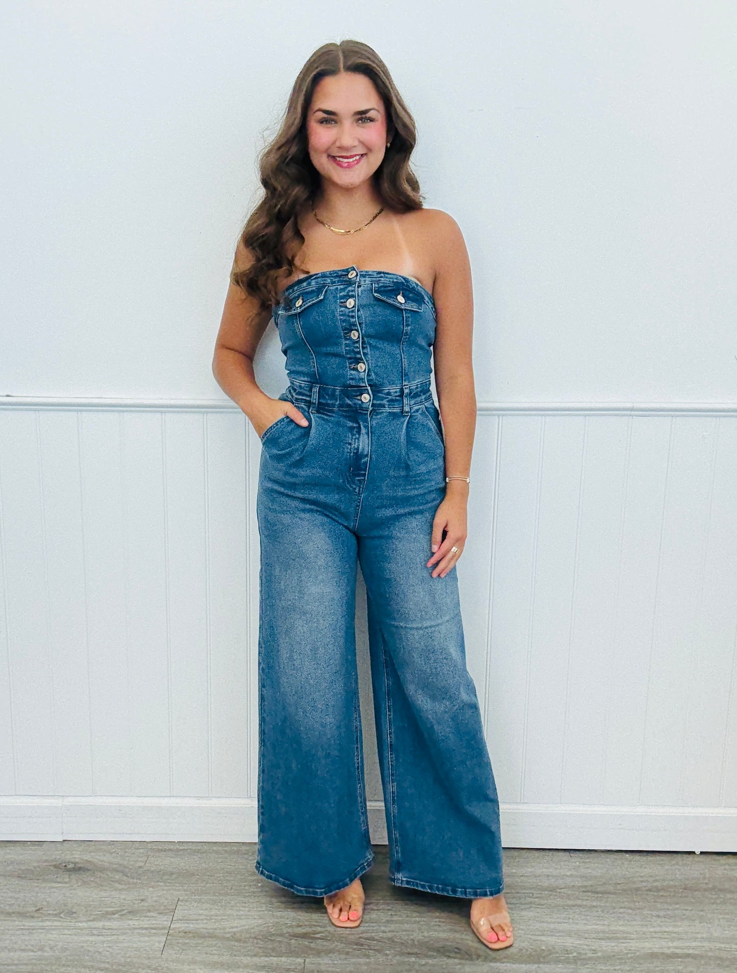 Medium Indigo Denim Strapless Jumpsuit (Reg.)