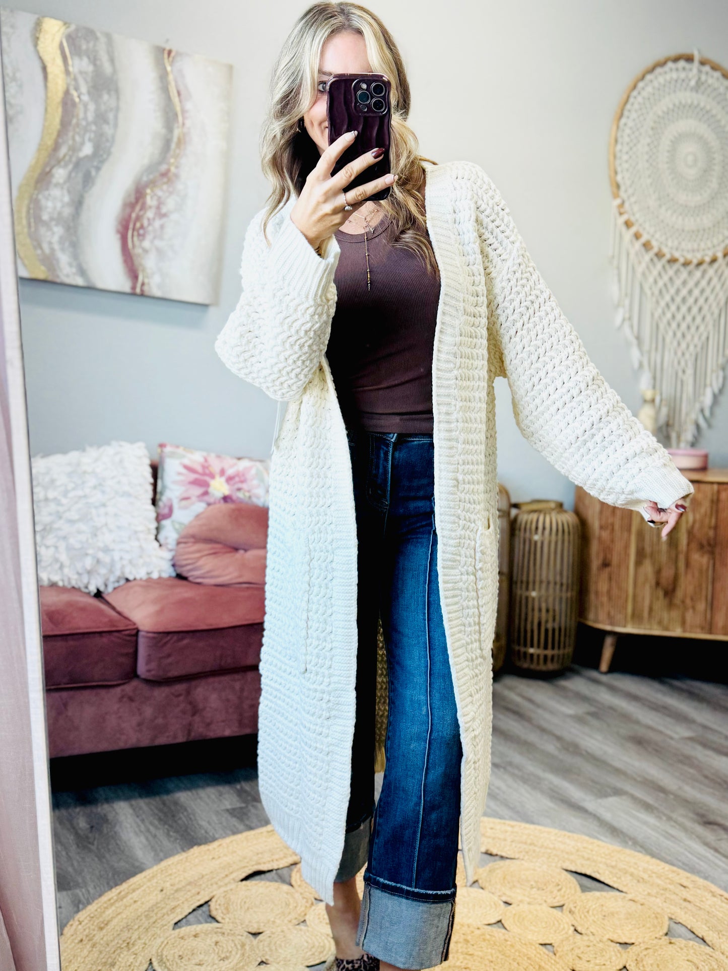 Cream Longline Waffle Knit Cardigan (Reg.)