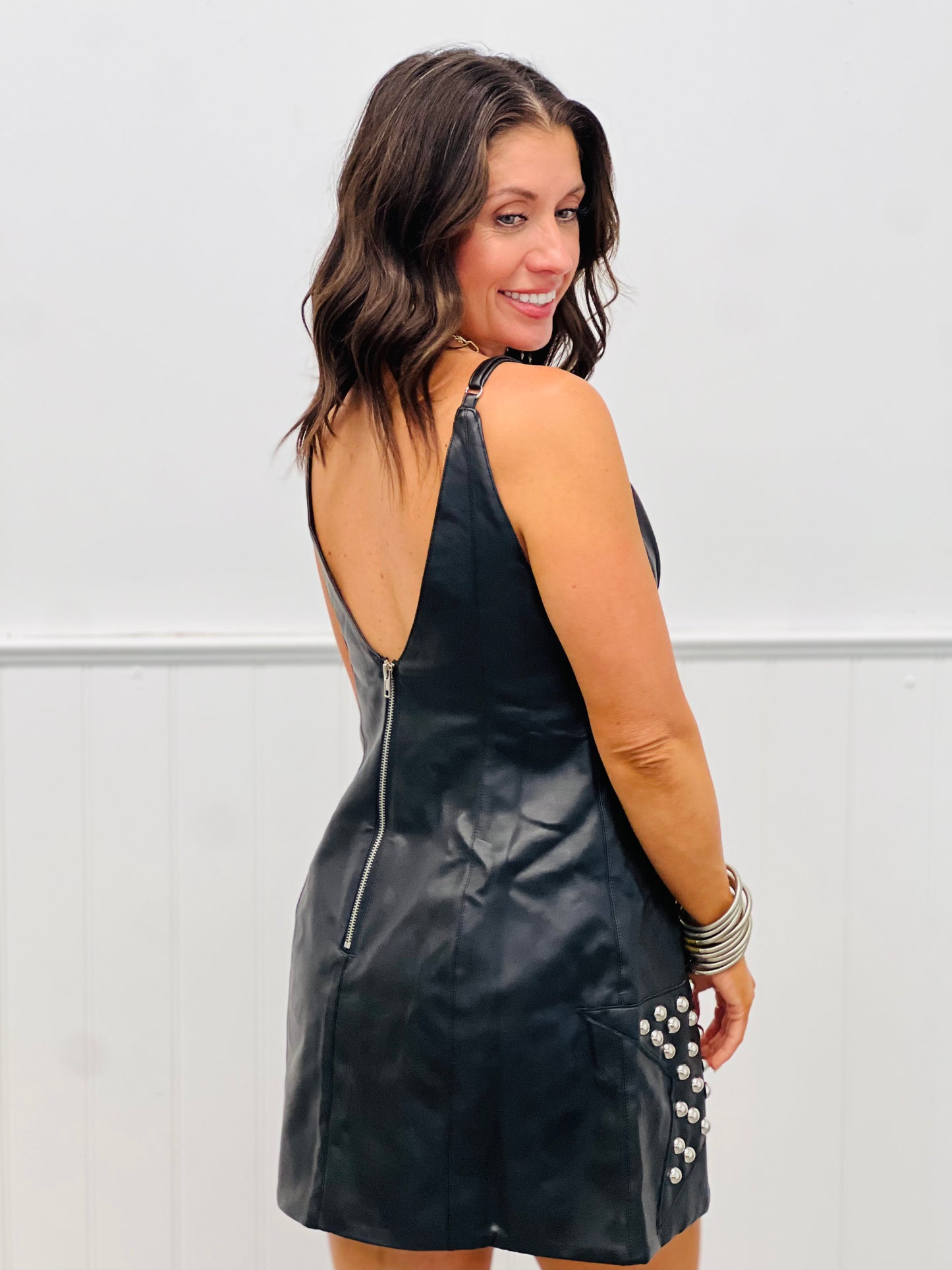 Black Faux Leather Star Studded Mini Dress (Reg.)