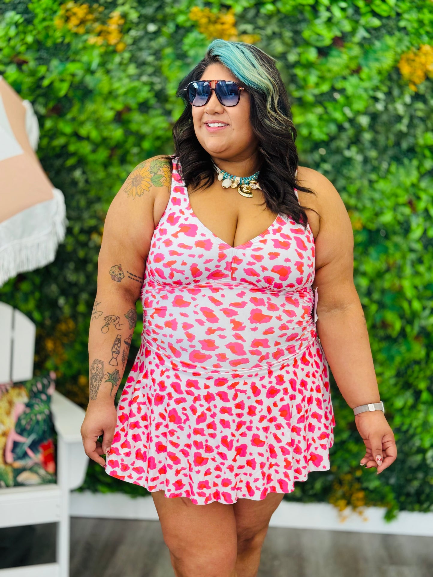 White/Pink Spotted Leopard Mini Dress (Reg. & Plus)