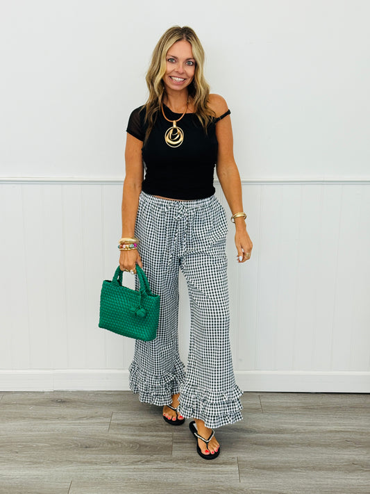Black Gingham Ruffled Hem Pants (Reg.)