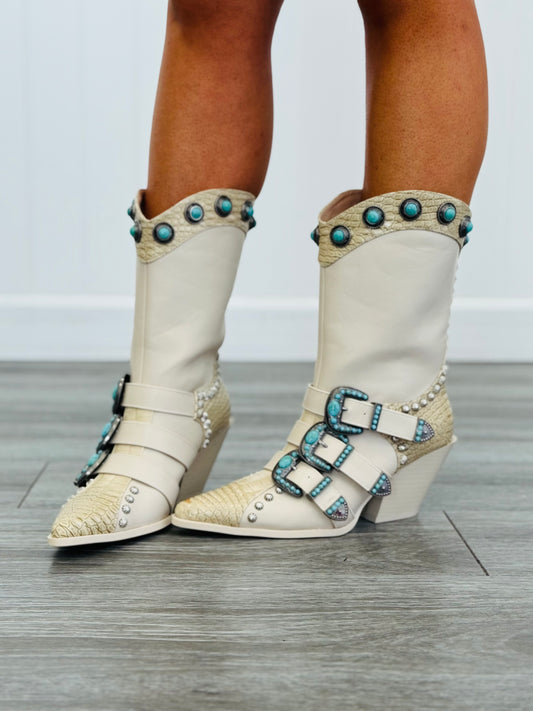 Beige & Turquoise Western Bootie