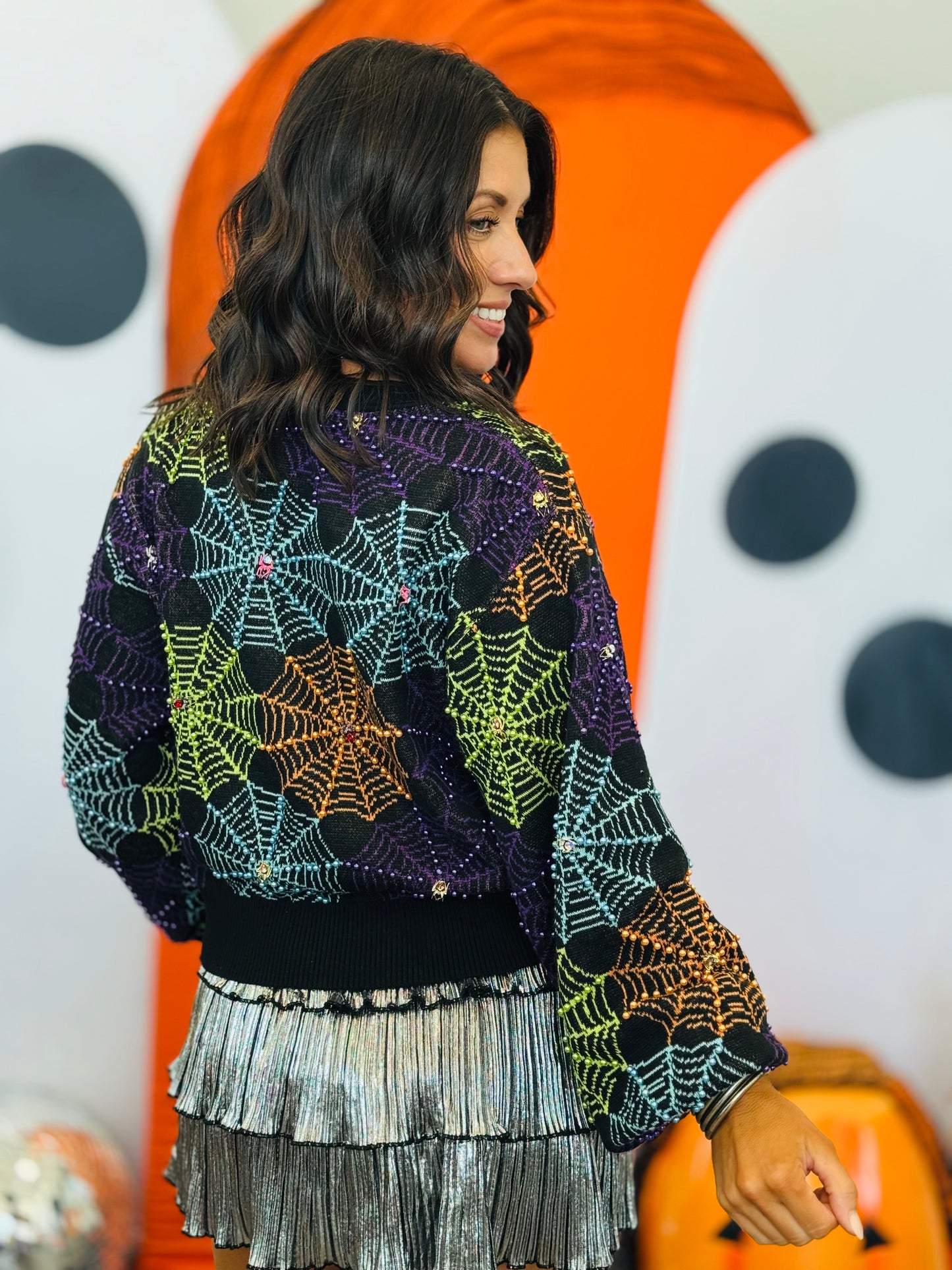 Queen Of Sparkles Black Multi Spiderweb Button Up Sweater (Reg. and Plus)