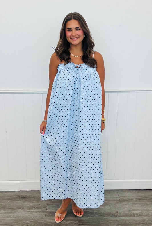 Light Blue Polka Dot Self Tie Straps Midi Dress (Reg.)