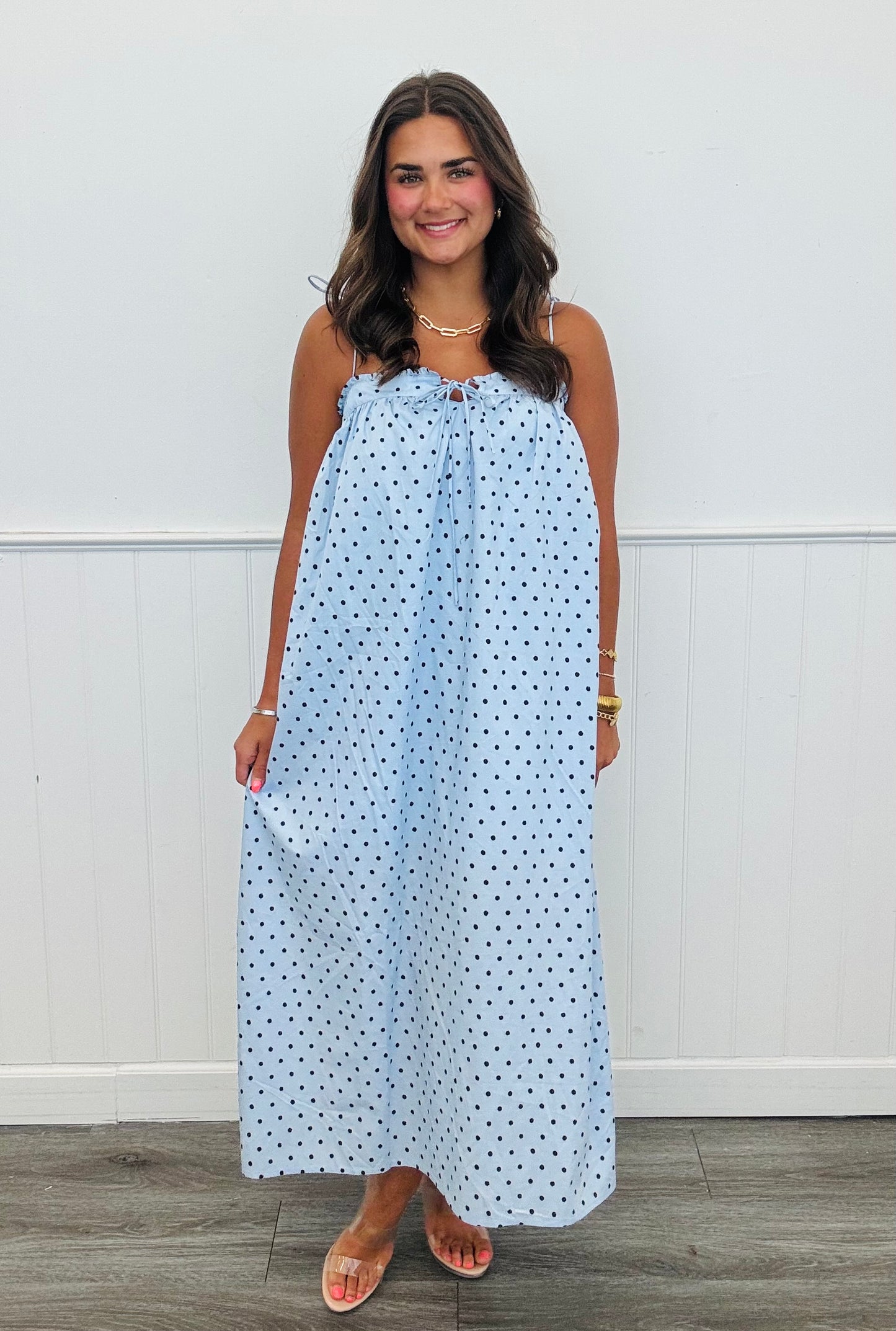 Light Blue Polka Dot Self Tie Straps Midi Dress (Reg.)