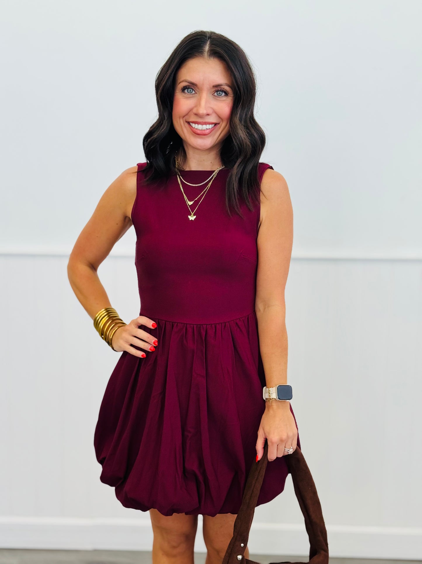 Burgundy Bubble Hem Mini Dress (Reg.)