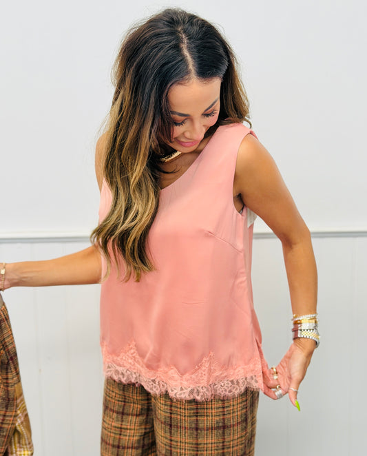 Pink Lace Trim V-Neck Tank Top (Reg. and Plus)