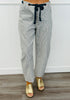 Dusty Blue Striped Grommet Waist Tie Barrel Pants (Reg. and Plus)
