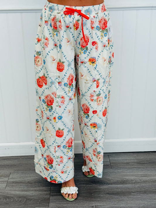 Flower Print Drawstring Wide Leg Pants (Reg.)