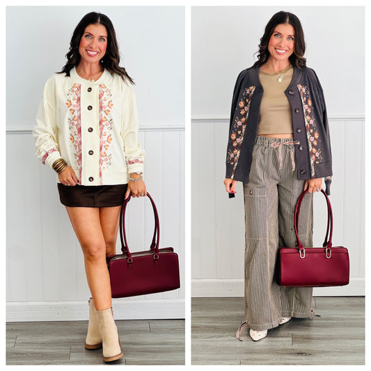 Floral Panel Button Up Cardigan (Reg. and Plus) - 2 Colors