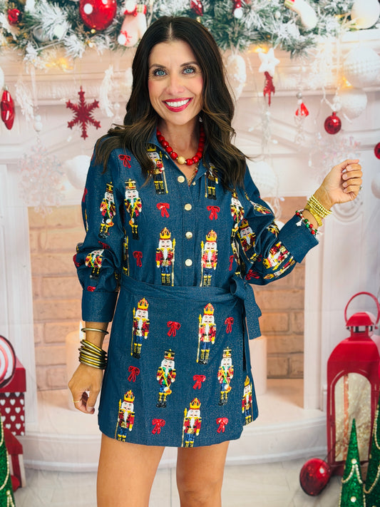 Queen Of Sparkles Denim Nutcracker & Bow Wrap Tie Romper (Reg. & Plus)