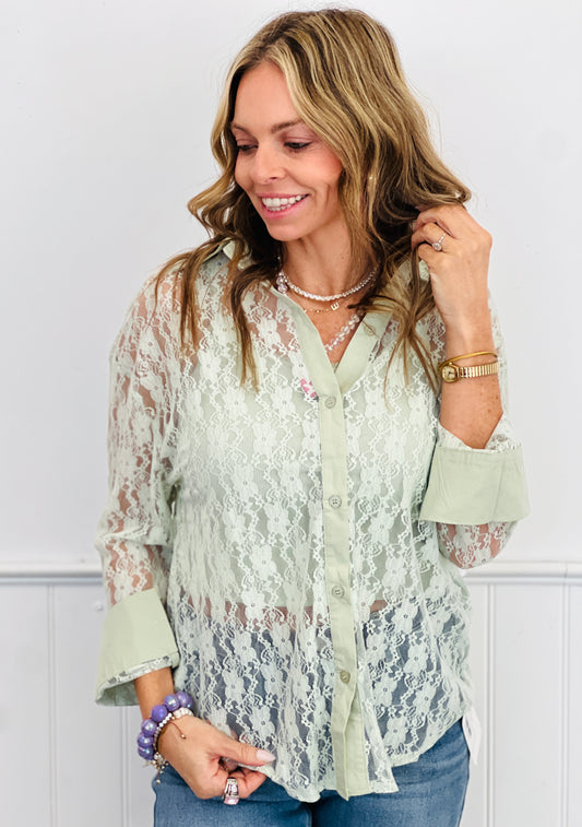 Mint Lace Kathryn Button-Up Blouse (Reg. and Plus)