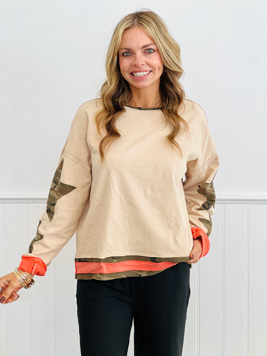 Washed Taupe Camo Stars Top (Reg. and Plus)