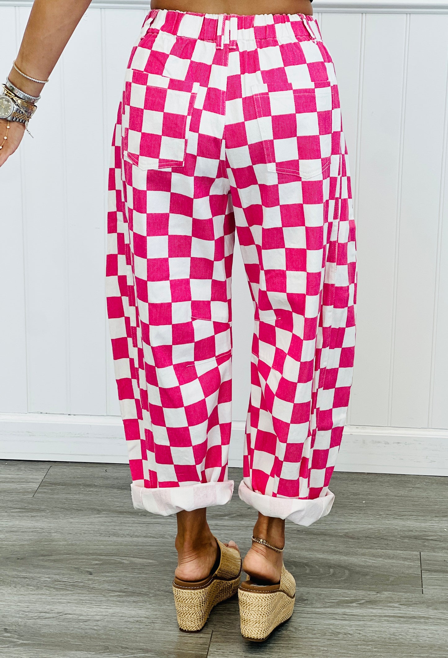 Pink Checkered Print Denim Barrel Pants (Reg. and Plus)