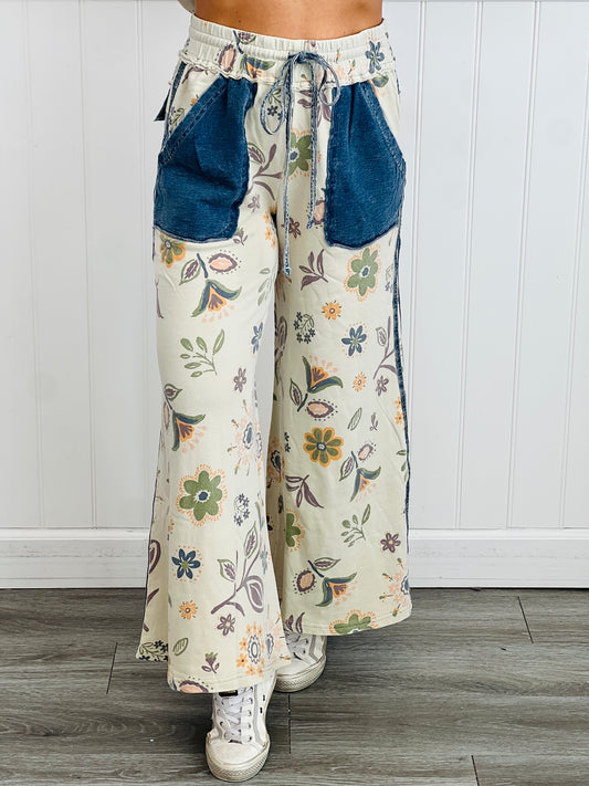 Ecru Mineral Washed Floral Print Pants (Reg & Plus)