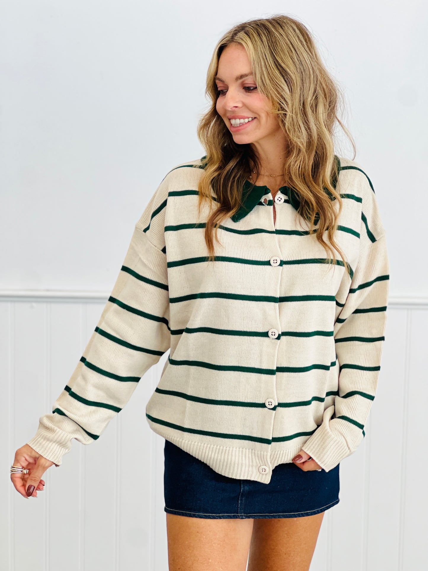 Contrast Collar Striped Sweater Cardigan (Reg.)-2 Colors