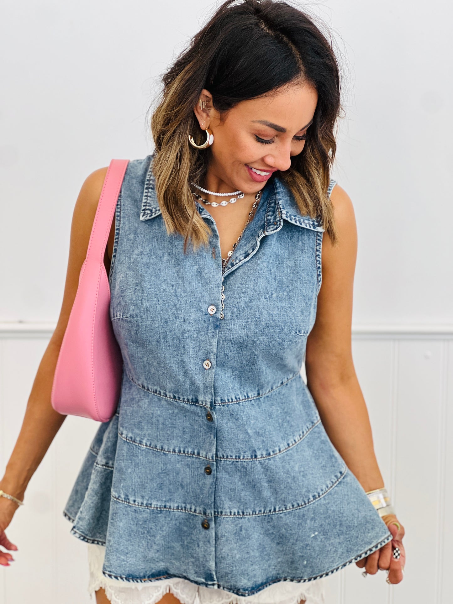 Denim Collared Button Up Top (Reg.)