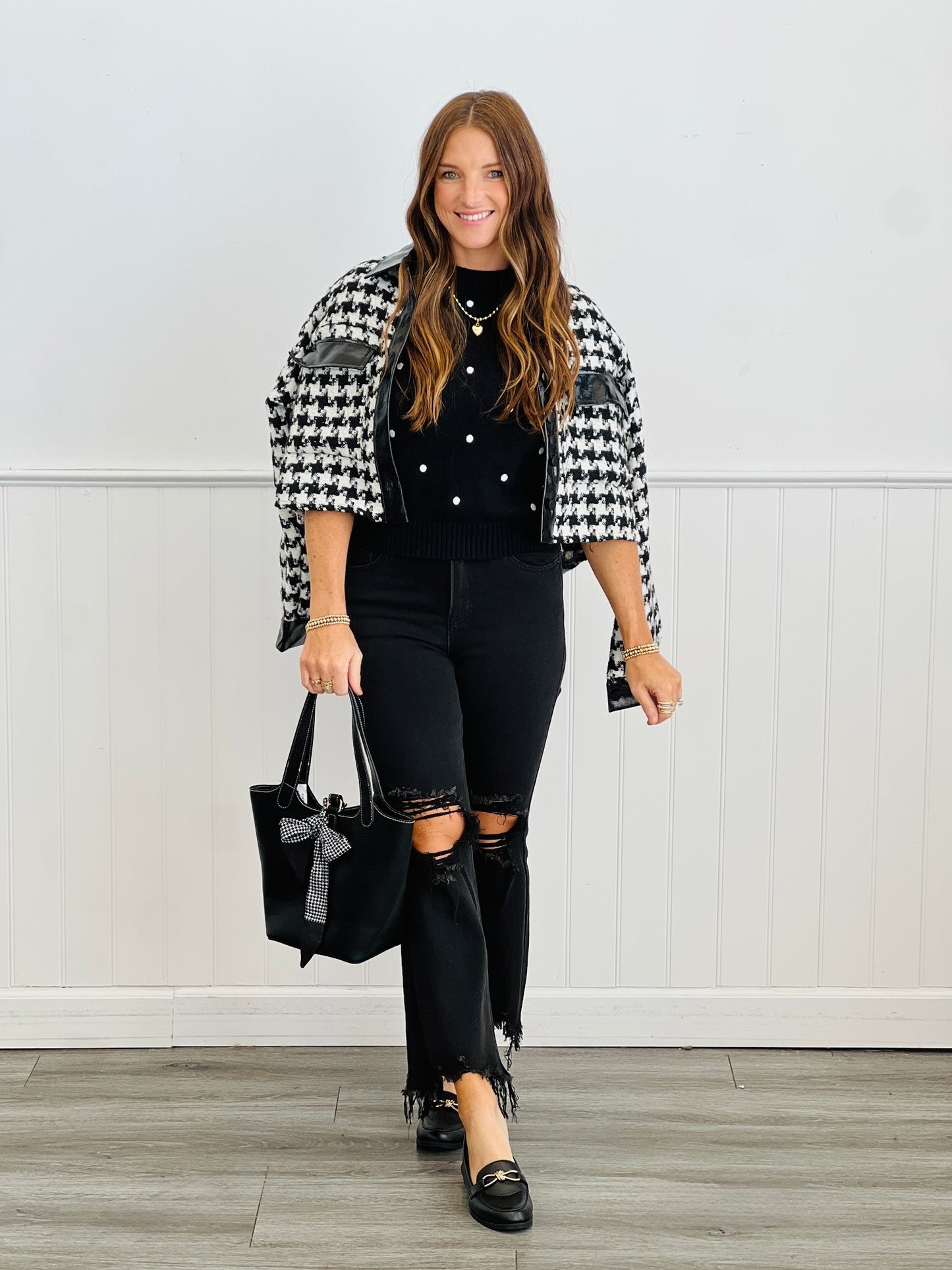 Black/Ivory Embroidered Polka Dot Sweater Top (Reg.)