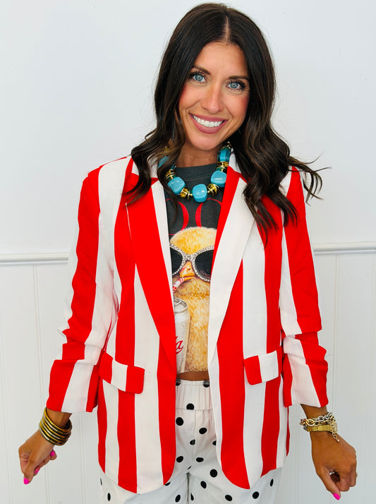 Red White Vertical Stripe Relaxed Blazer (Reg. & Plus)