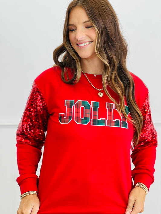 Red Jolly Sequin Sleeve Sweatshirt (Reg. and Plus)