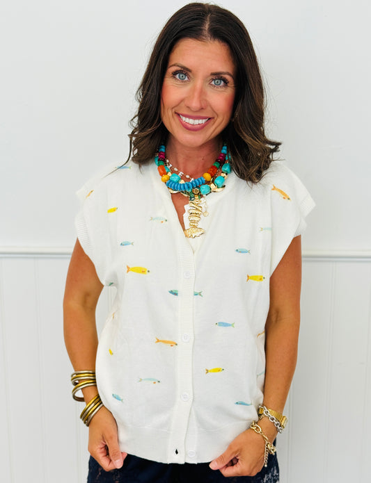 White Fish Print Cardigan Top (Reg.)