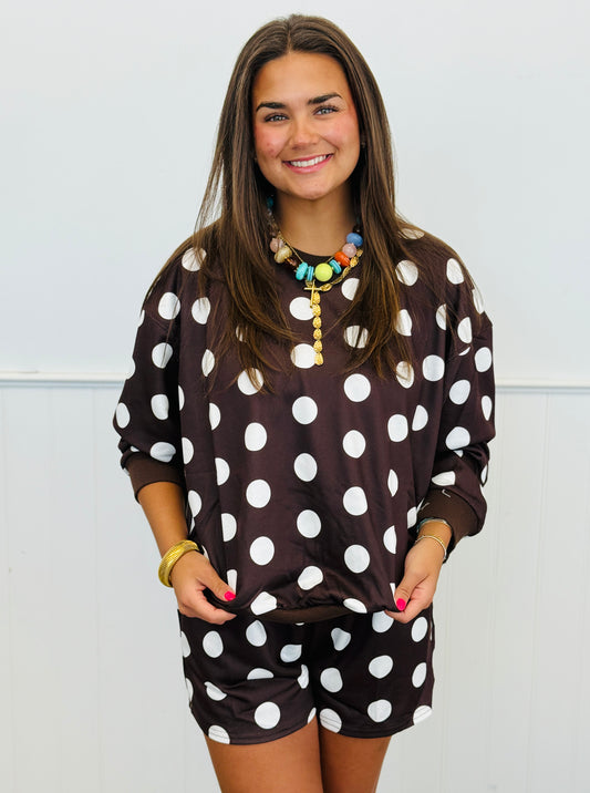 Brown Polka Dot Sweatshirt & Shorts Set (Reg & Plus)