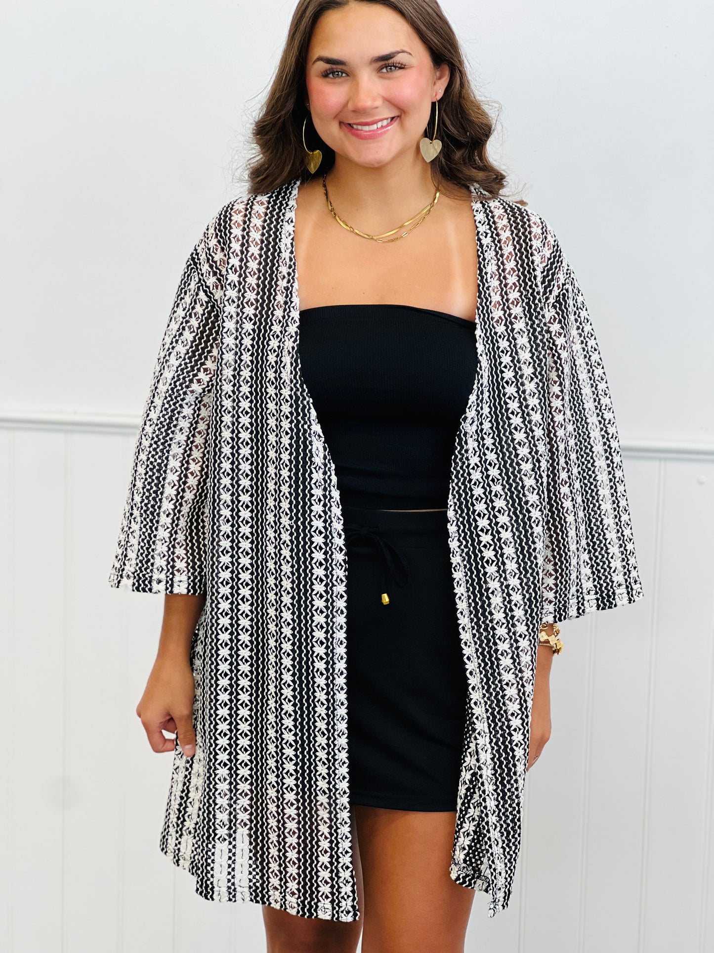Black/White Knit Patterned Cardigan (One Size & Plus)