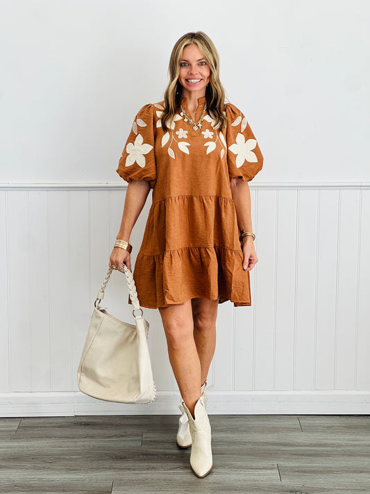 Camel Floral Applique Mini Dress (Reg & Plus)