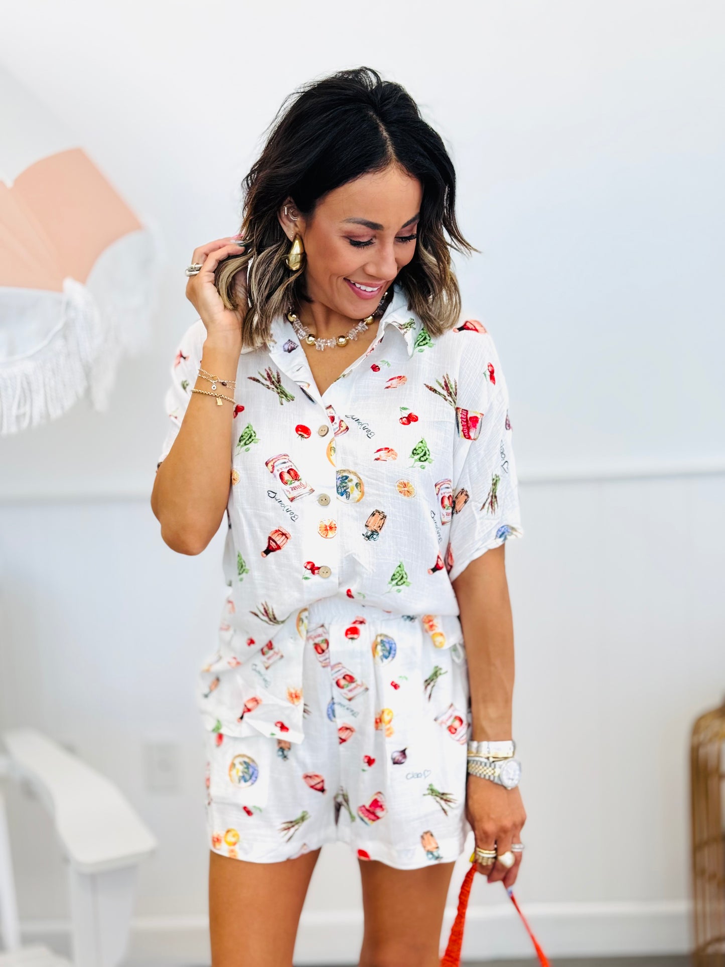White Bodega Print Short Sleeve Top & Shorts Set (Reg.)