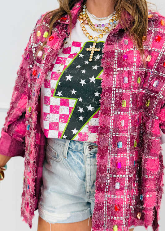Pink Chic Rhinestone Checkered Shirt (One Size)