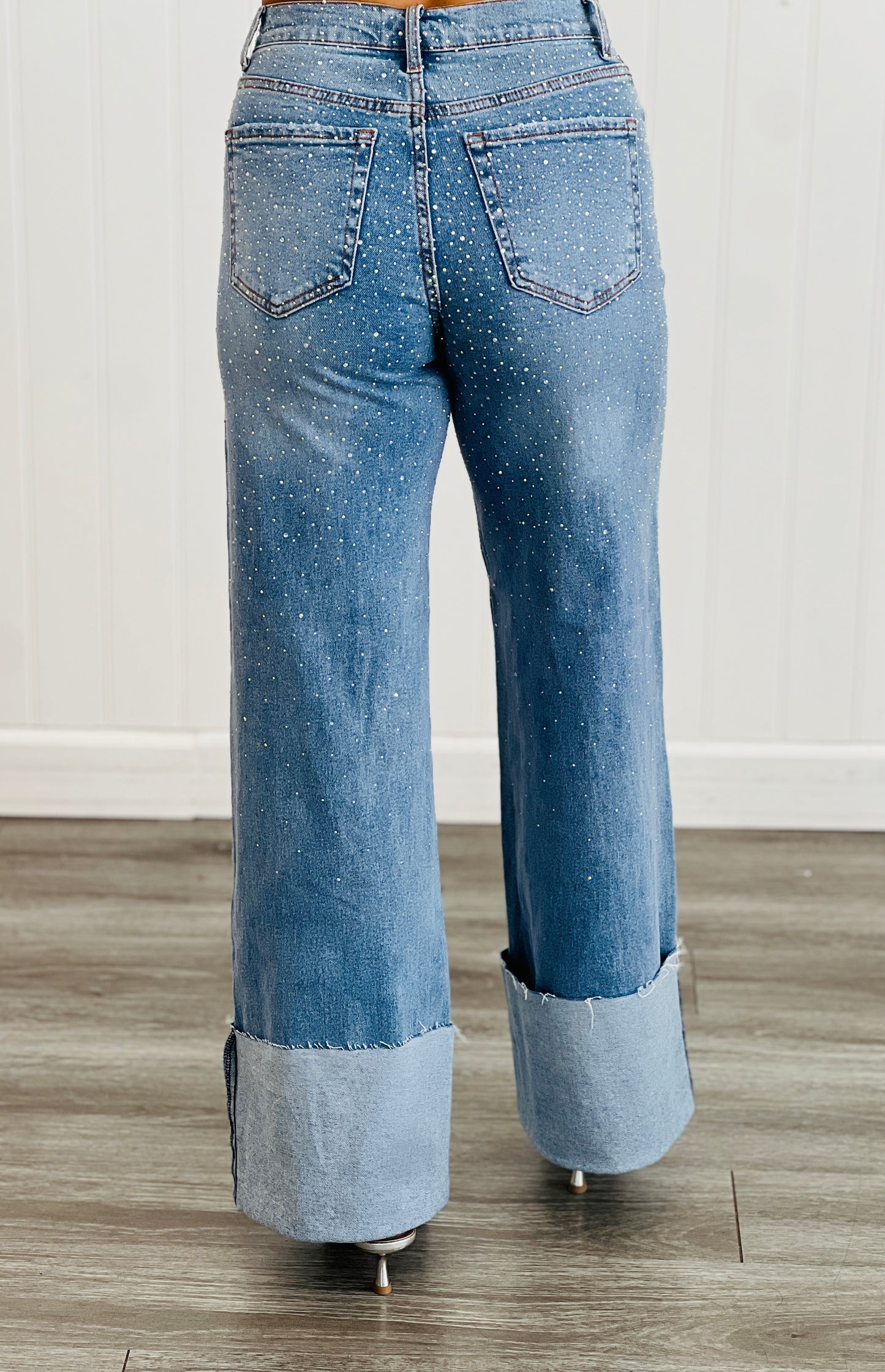 Sparkly Rhinestone Cuffed Wide Leg Jeans (Reg.)