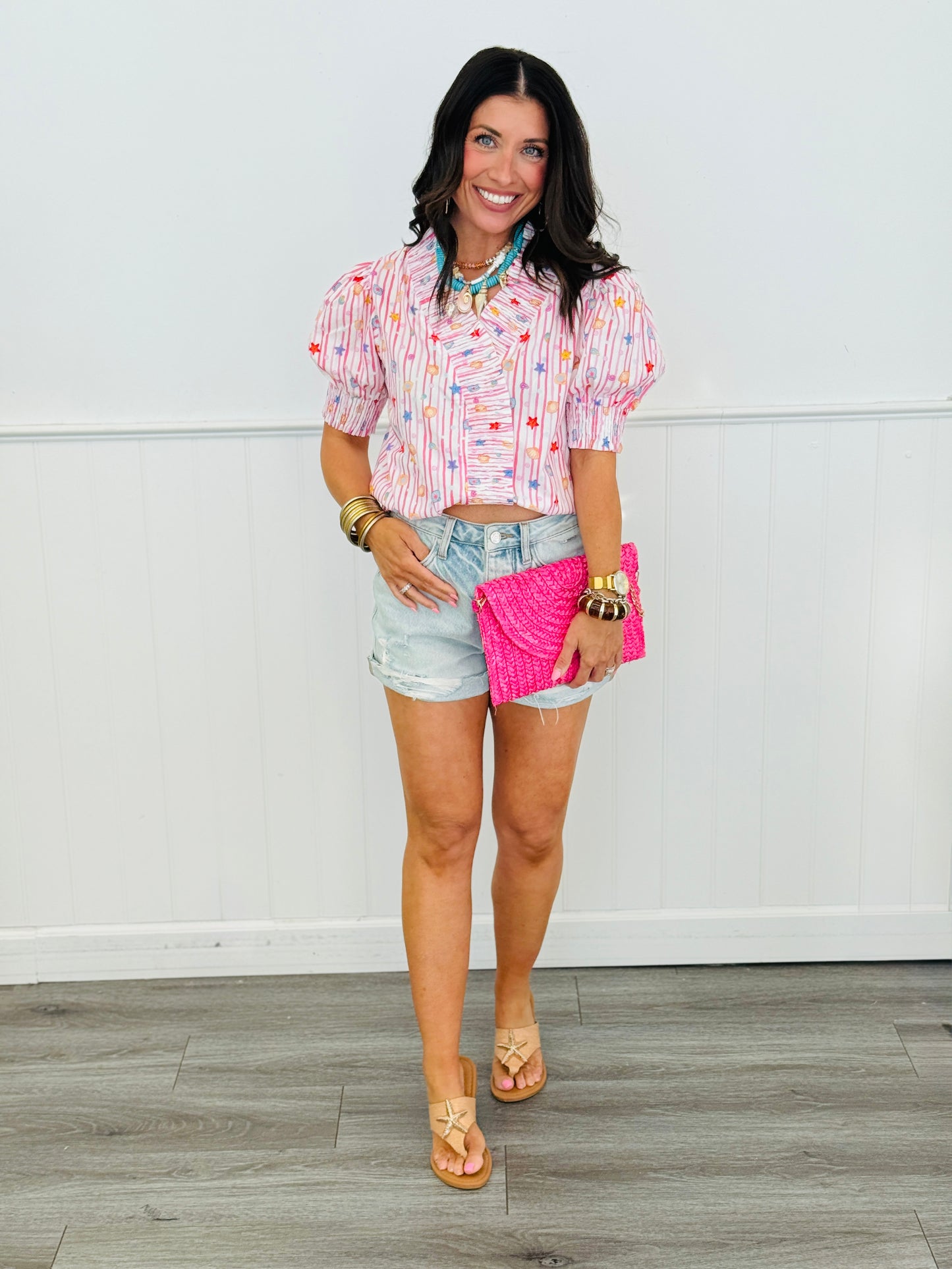 Pink Multi Seashell Striped Blouse (Reg & Plus)