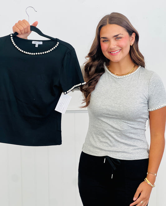 Pearl Trim Tee Top (Reg & Plus)-2 Colors