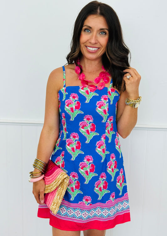 Royal Blue Floral Print Strappy Mini Dress (Reg.)