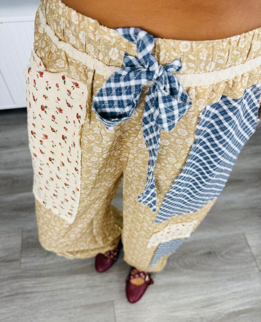 Taupe Floral Patchwork Balloon Pants (Reg & Plus)