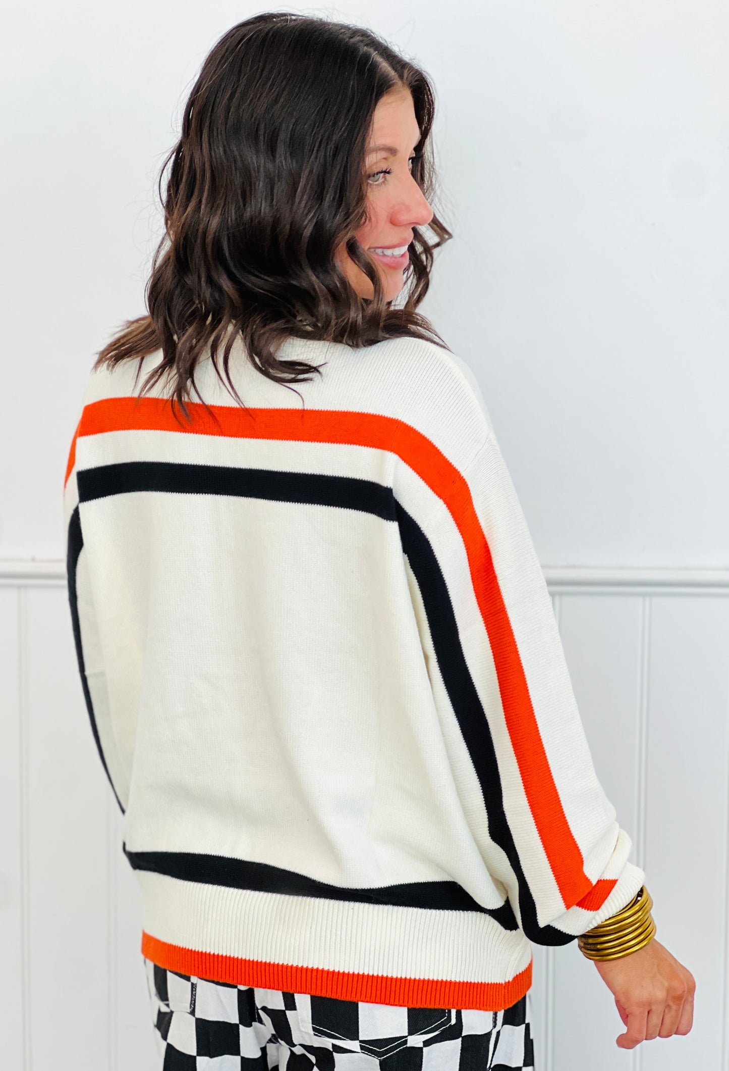 Queen Of Sparkles White, Black & Orange Stripe 'Trick or Treat' Sweater (Reg. and Plus)